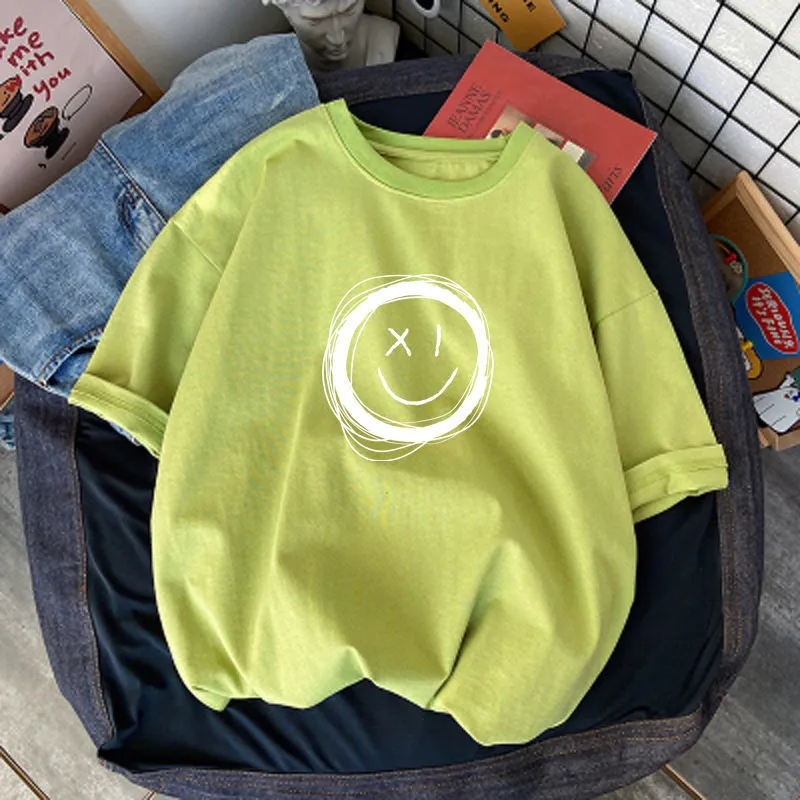 【110-160】人気オススメ 合わせやすい 子供服 笑顔柄 半袖 Ｔシャツ