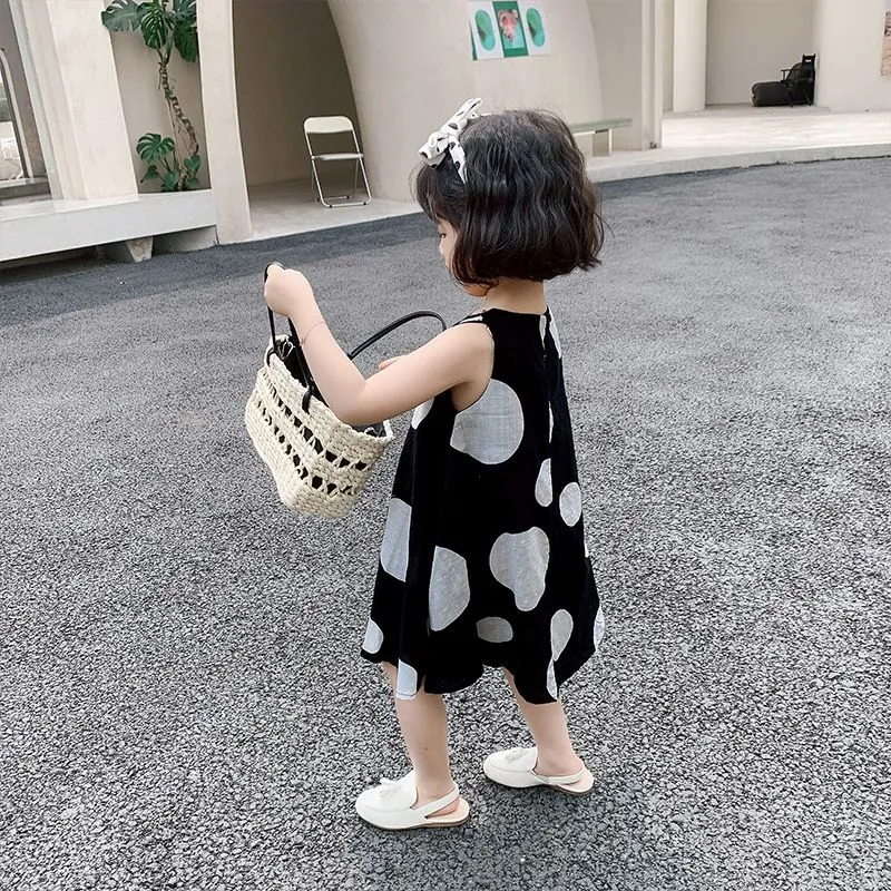 【90-140】柔らかくて優しい印象カジュアルドット柄ノースリーブ女の子ワンピース