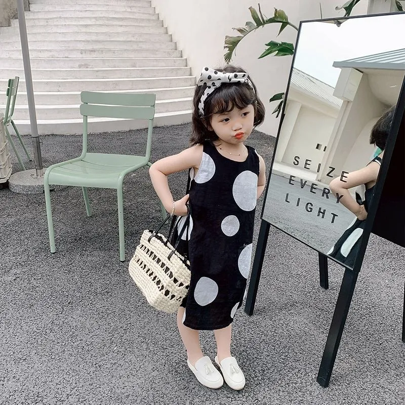 【90-140】柔らかくて優しい印象カジュアルドット柄ノースリーブ女の子ワンピース