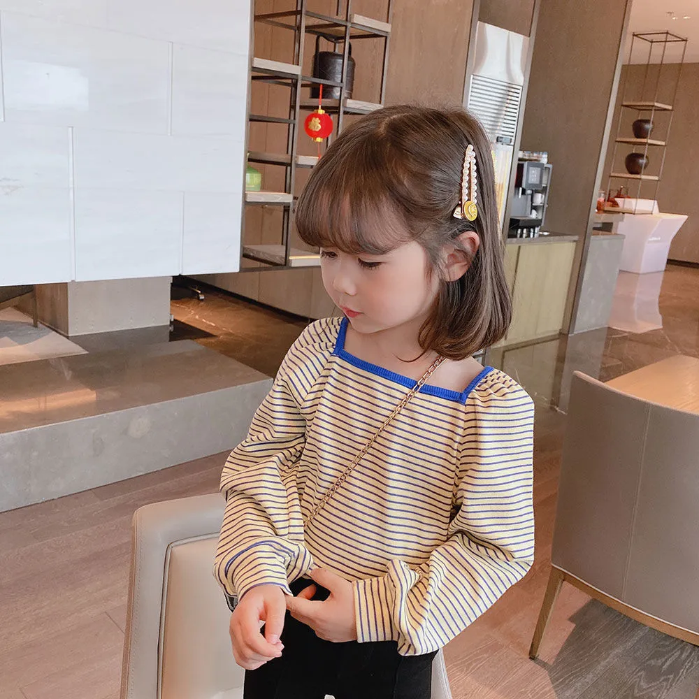 【85-125】韓国 ボーダー柄 配色 スクエアネック 長袖 子供 服 女の子 キッズ Ｔシャツ