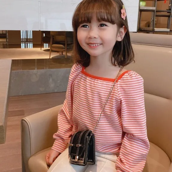 【85-125】韓国 ボーダー柄 配色 スクエアネック 長袖 子供 服 女の子 キッズ Ｔシャツ