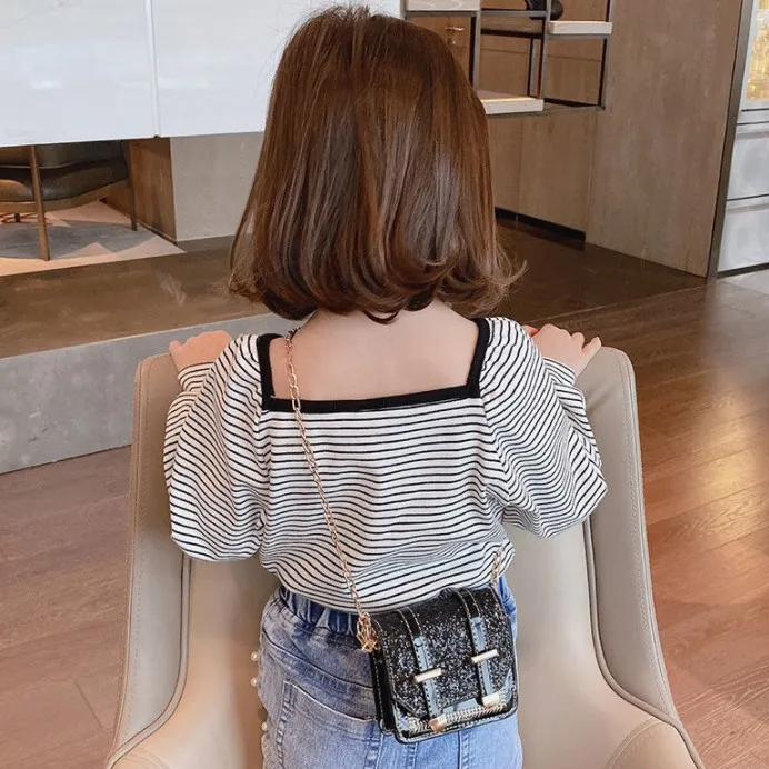 【85-125】韓国 ボーダー柄 配色 スクエアネック 長袖 子供 服 女の子 キッズ Ｔシャツ