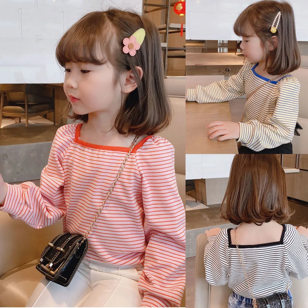 【85-125】韓国 ボーダー柄 配色 スクエアネック 長袖 子供 服 女の子 キッズ Ｔシャツ