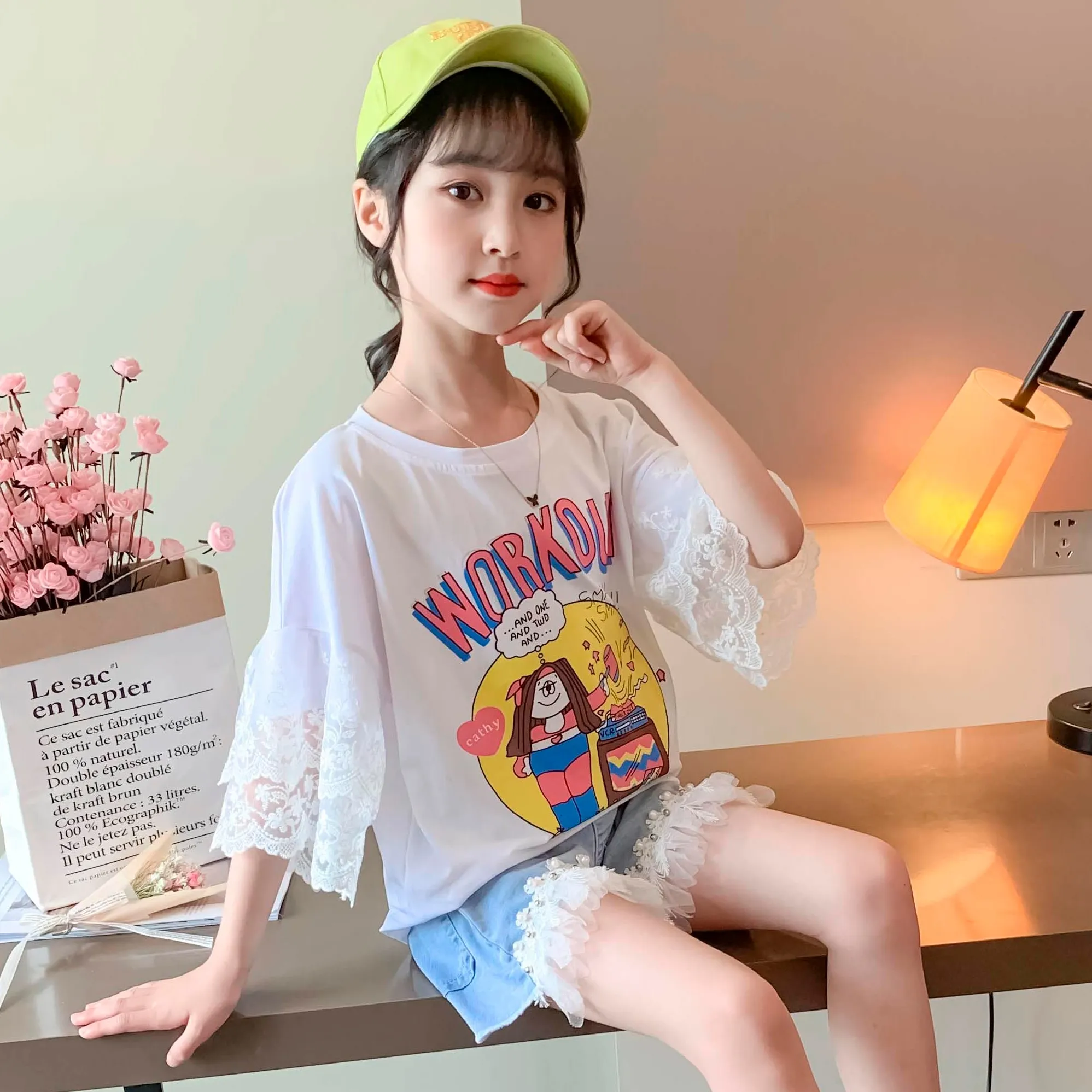 【120-160】韓国 可愛い プリント カートゥーン フリル レース 夏 子供服 女の子 キッズ ジュニア トップス 半袖 Ｔシャツ
