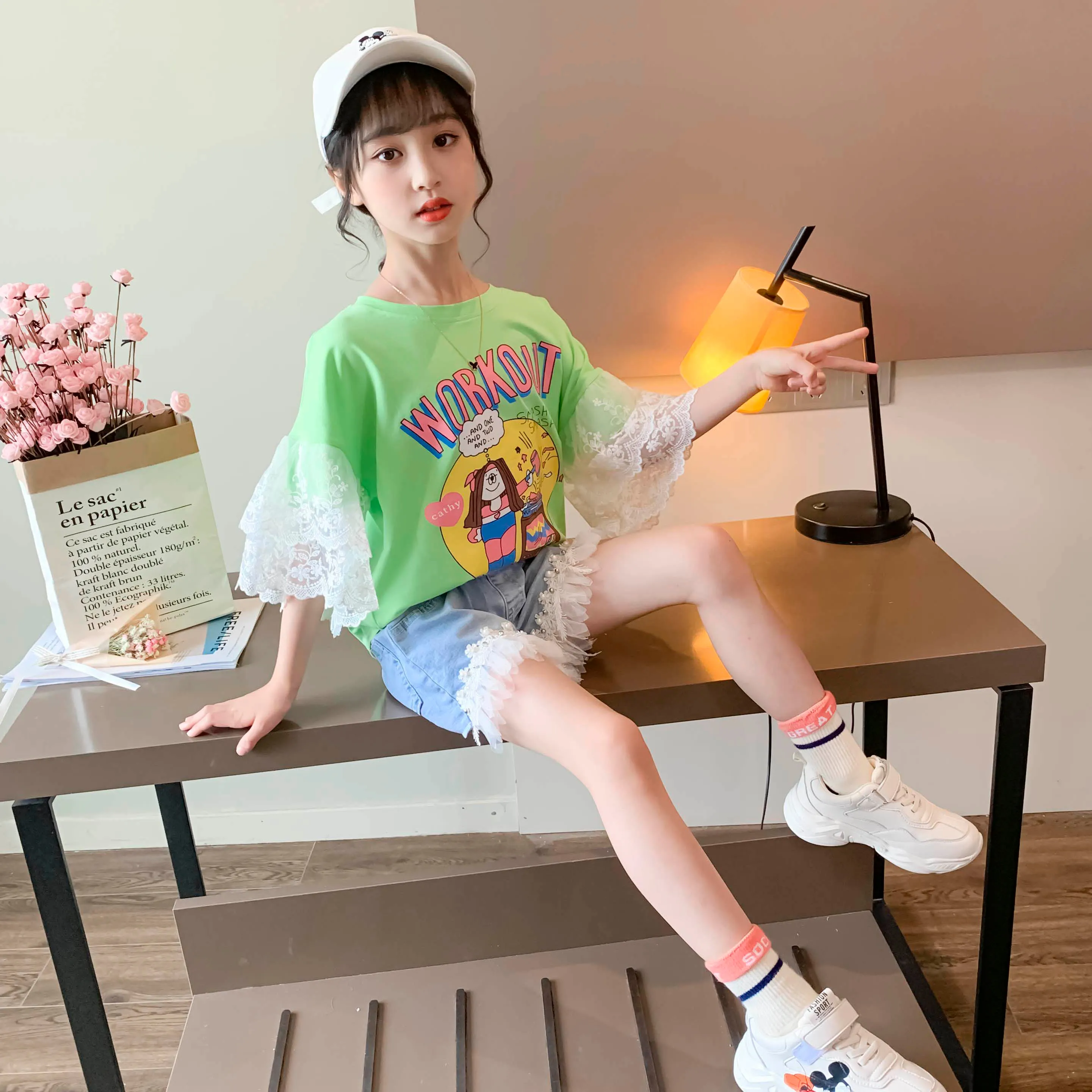 【120-160】韓国 可愛い プリント カートゥーン フリル レース 夏 子供服 女の子 キッズ ジュニア トップス 半袖 Ｔシャツ