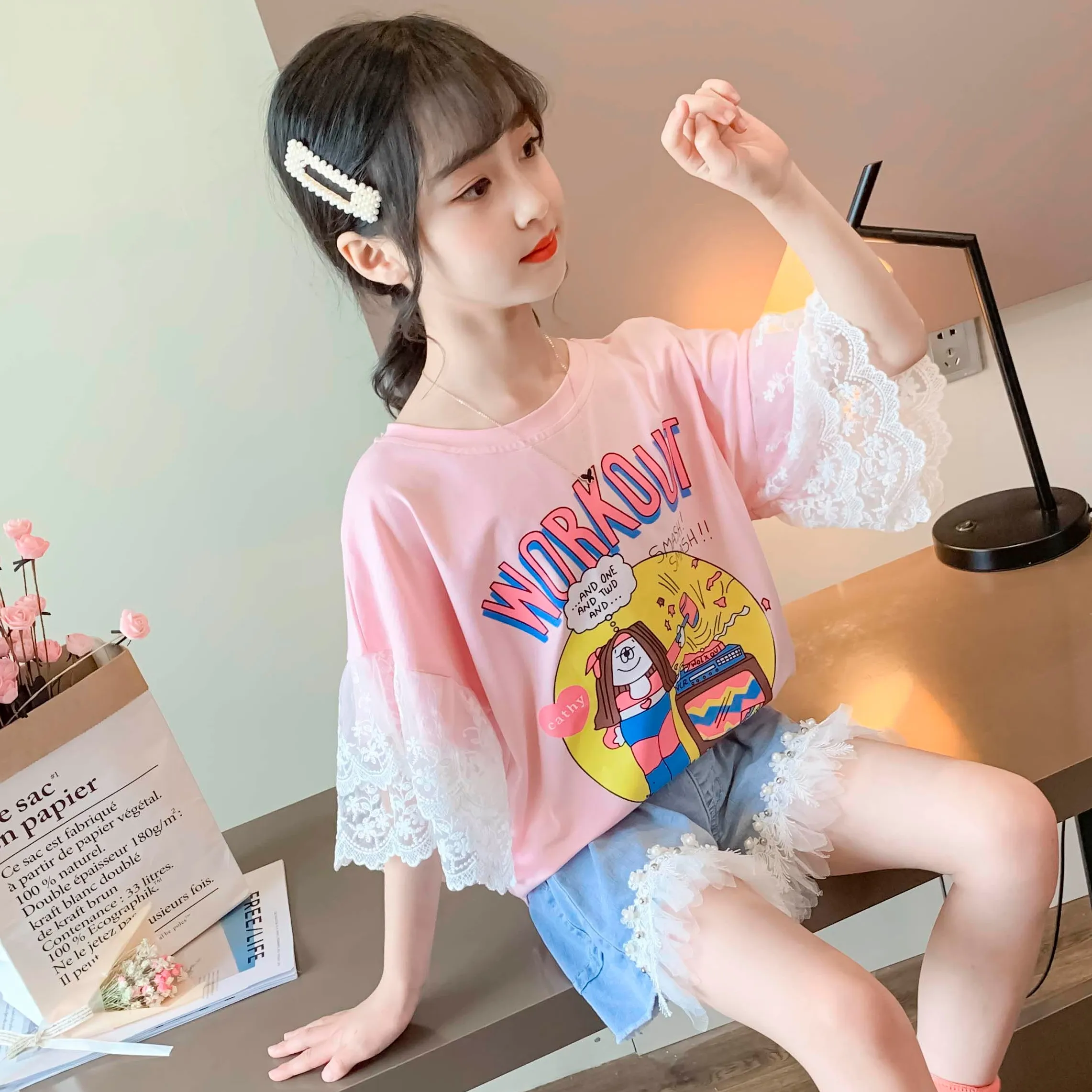 【120-160】韓国 可愛い プリント カートゥーン フリル レース 夏 子供服 女の子 キッズ ジュニア トップス 半袖 Ｔシャツ