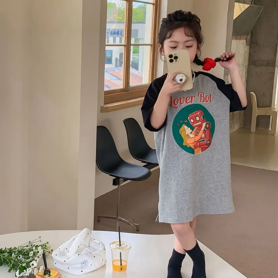 【100-150cm】半袖レトロファッション配色カートゥーンワンピース