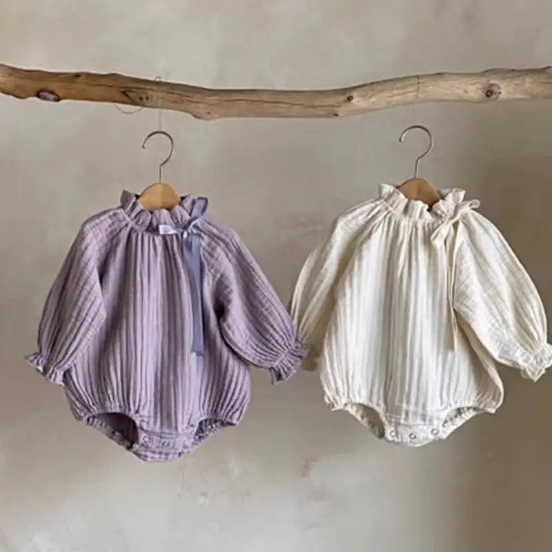 【66-90cm】春新作優しいピュアカラーリボンロンパース