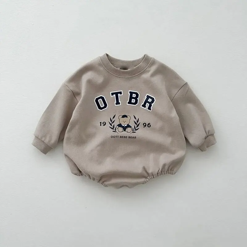 【66-90cm】春新作韓国風英字＆クマコットンロンパース