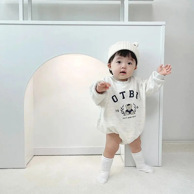 【66-90cm】春新作韓国風英字＆クマコットンロンパース