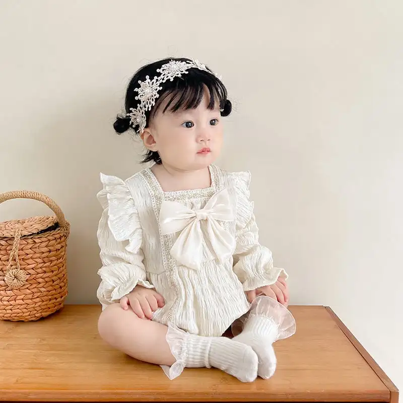 【66-90cm】春新作お姫様レースリボン付きロンパース