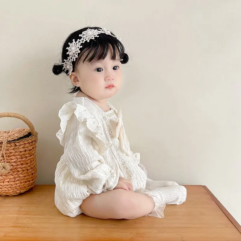 【66-90cm】春新作お姫様レースリボン付きロンパース