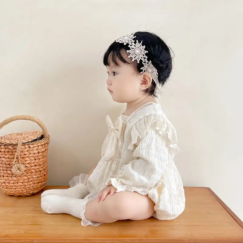 【66-90cm】春新作お姫様レースリボン付きロンパース