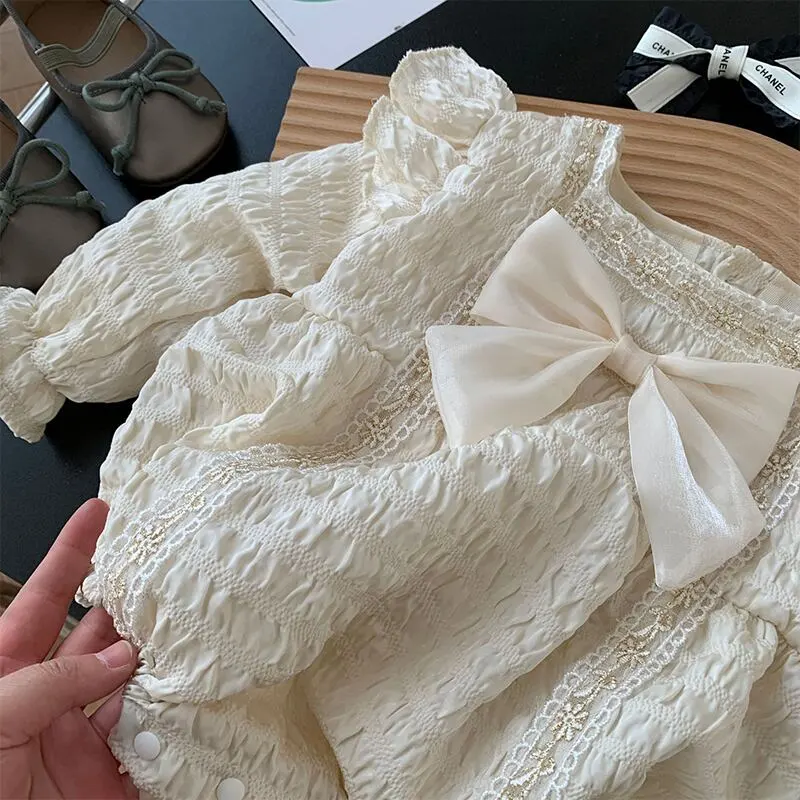 【66-90cm】春新作お姫様レースリボン付きロンパース