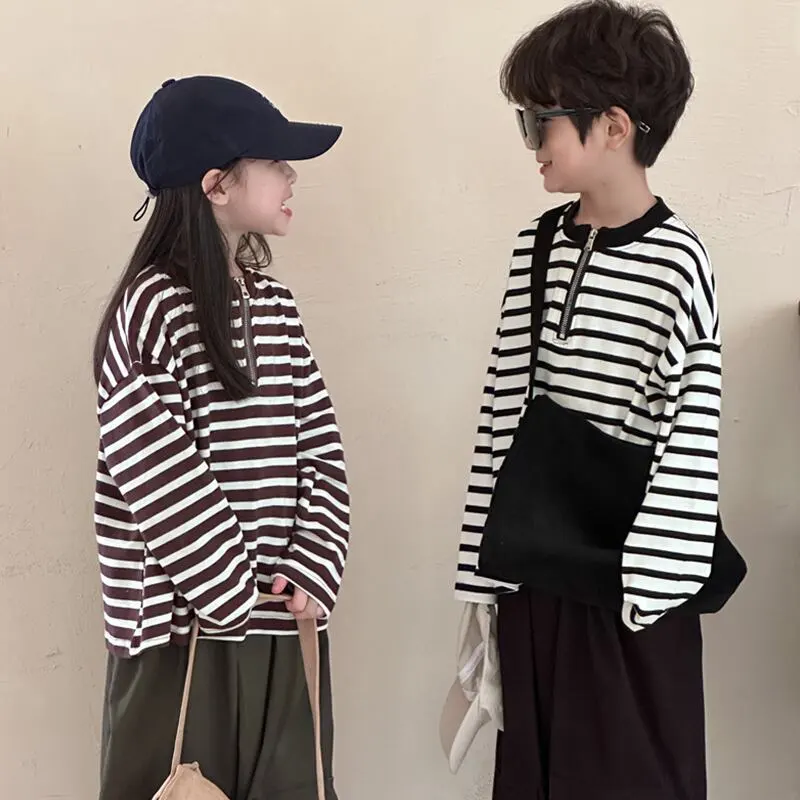 【90-140cm】ハーフ ジップ ボーダー 長袖 Ｔシャツ