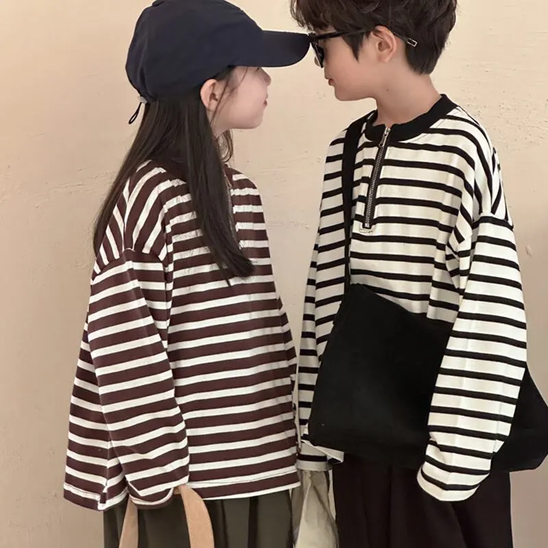 【90-140cm】ハーフ ジップ ボーダー 長袖 Ｔシャツ