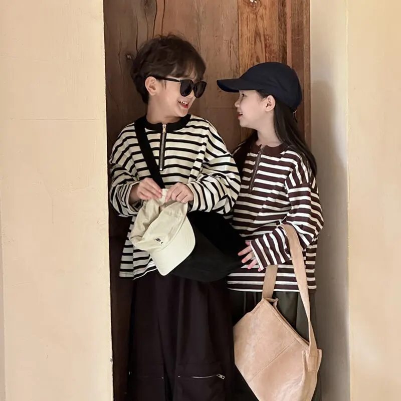 【90-140cm】ハーフ ジップ ボーダー 長袖 Ｔシャツ