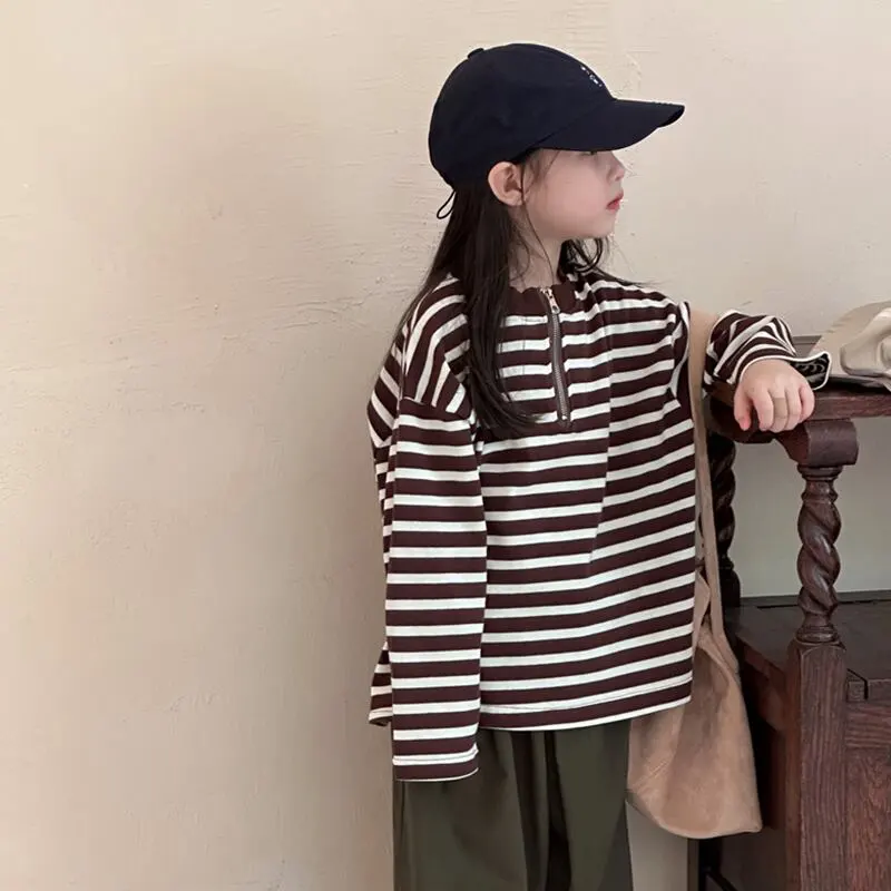 【90-140cm】ハーフ ジップ ボーダー 長袖 Ｔシャツ