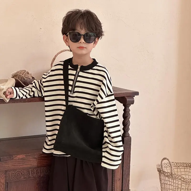 【90-140cm】ハーフ ジップ ボーダー 長袖 Ｔシャツ