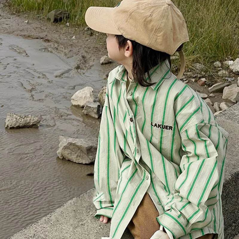 【90-160cm】春新作 グリーン ストライプ ビッグ シャツ