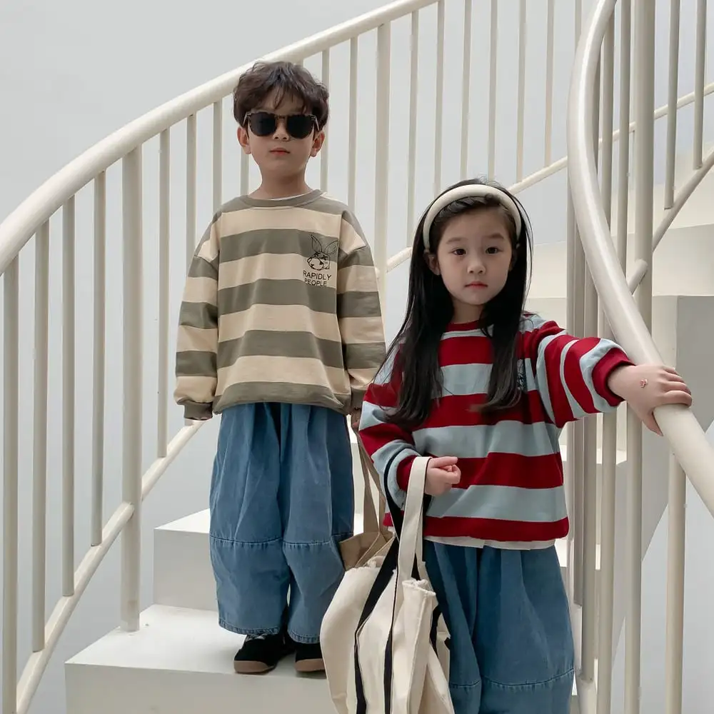 【80-140cm】春新作 ウサギバックプリント ボーダー トレーナー