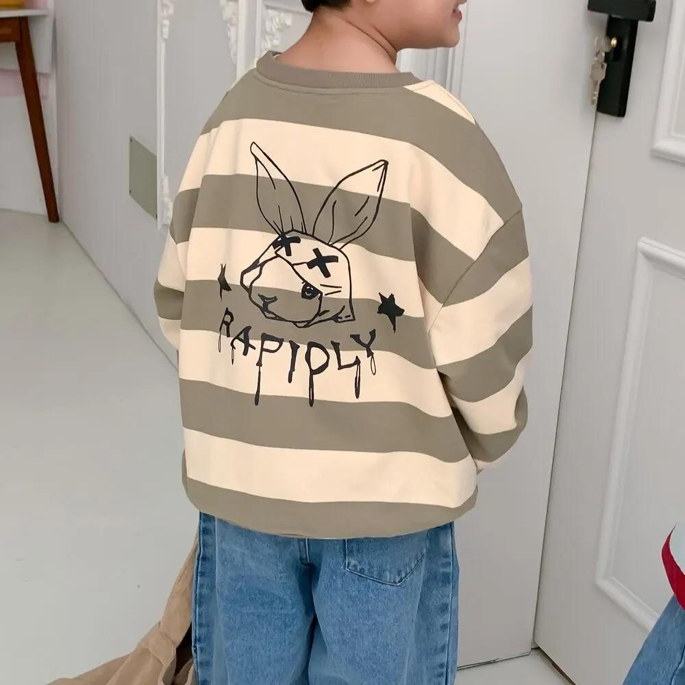 【80-140cm】春新作 ウサギバックプリント ボーダー トレーナー