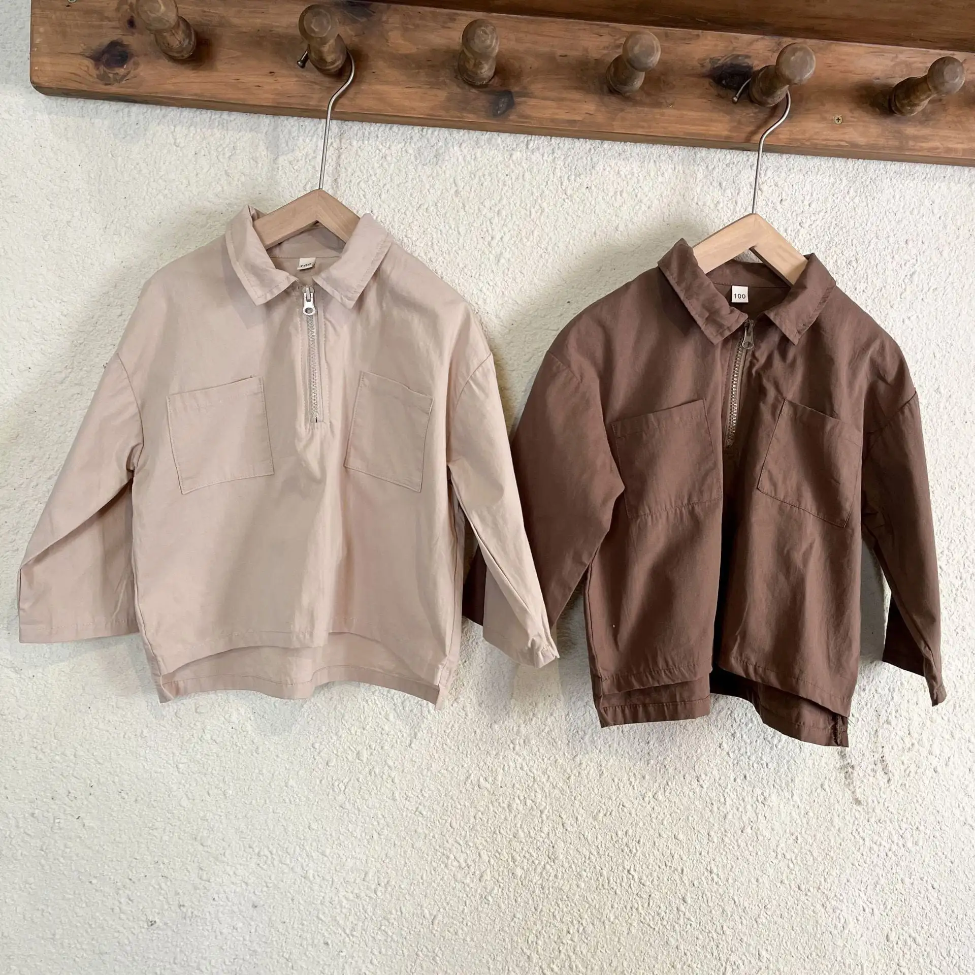 【80-150cm】春新作ハーフジッパーピュアカラーブラウス