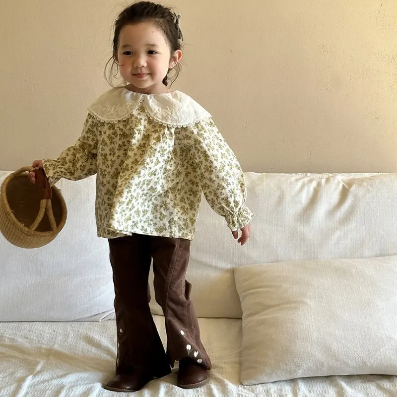 【90-140cm】春新作 花柄刺しゅう コーデュロイ フレアパンツ