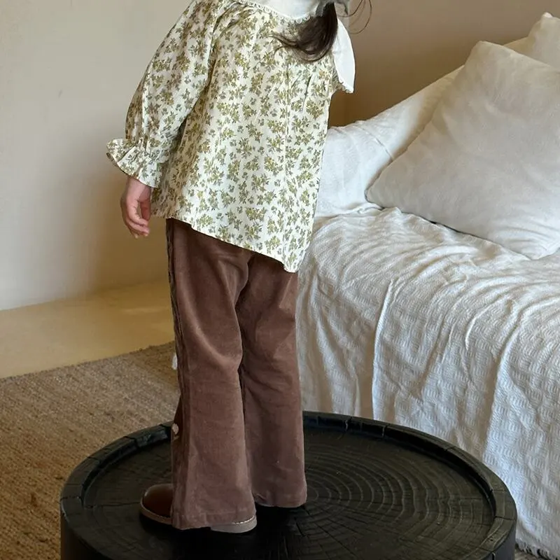 【90-140cm】春新作 花柄刺しゅう コーデュロイ フレアパンツ