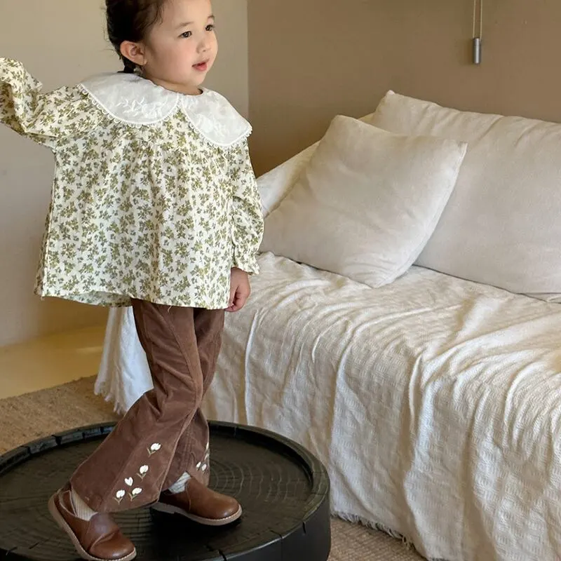 【90-140cm】春新作 花柄刺しゅう コーデュロイ フレアパンツ