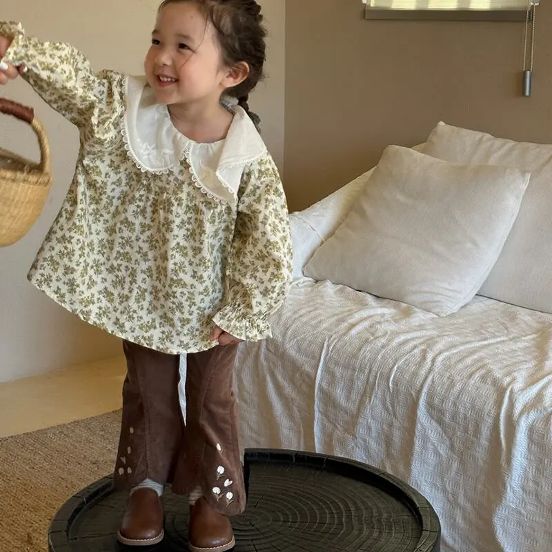 【90-140cm】春新作 花柄刺しゅう コーデュロイ フレアパンツ