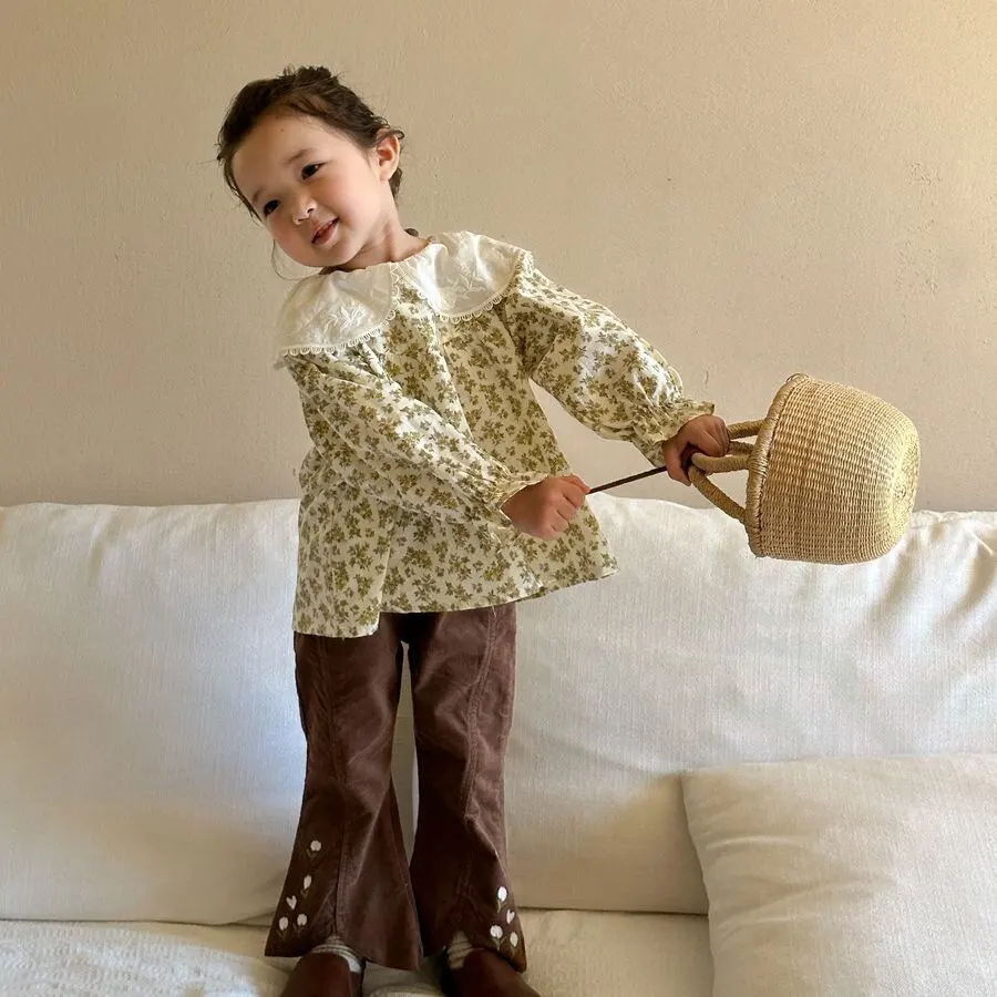【90-140cm】春新作 花柄刺しゅう コーデュロイ フレアパンツ