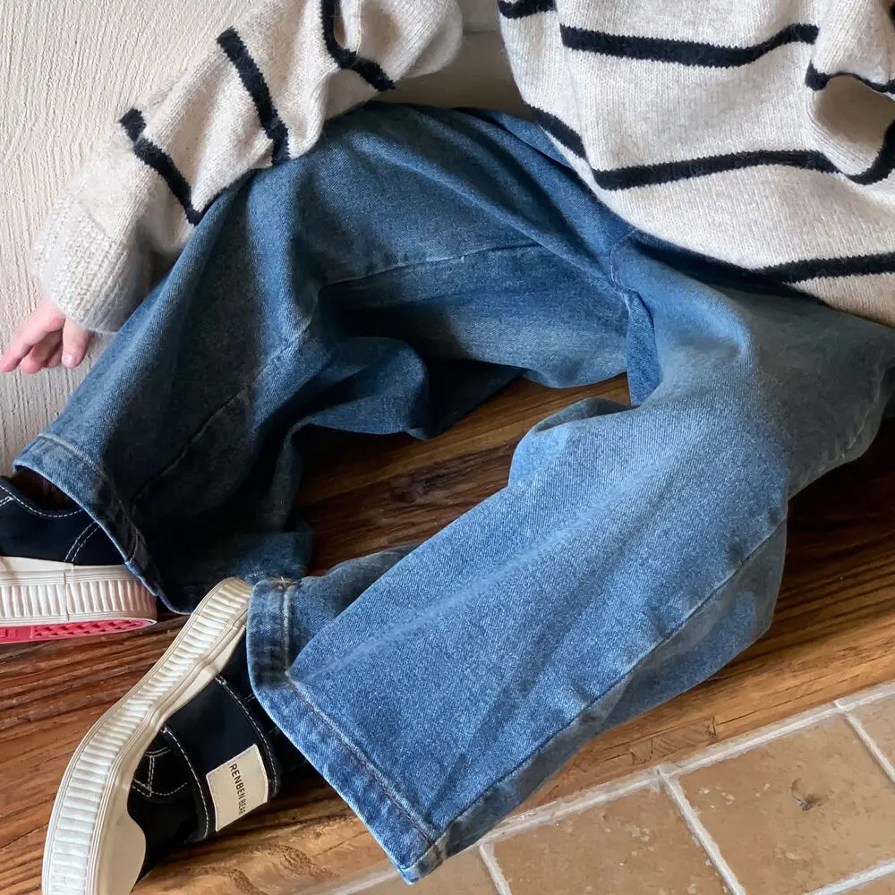 【90-150cm】春新作 レトロ カジュアル デニム ワイドパンツ