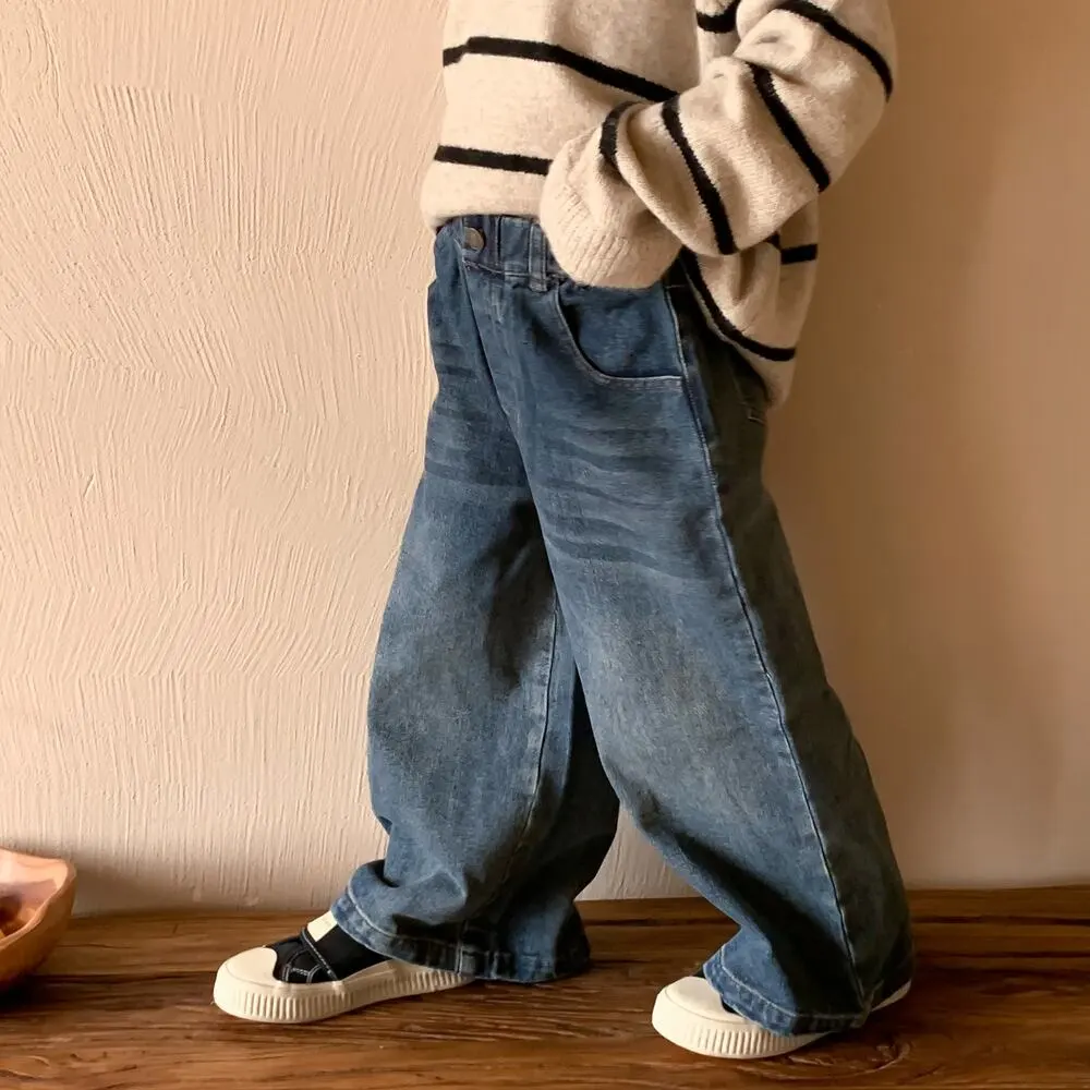【90-150cm】春新作 レトロ カジュアル デニム ワイドパンツ