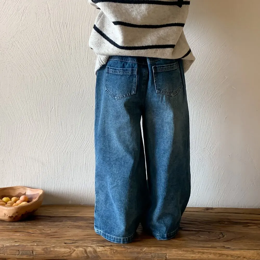 【90-150cm】春新作 レトロ カジュアル デニム ワイドパンツ