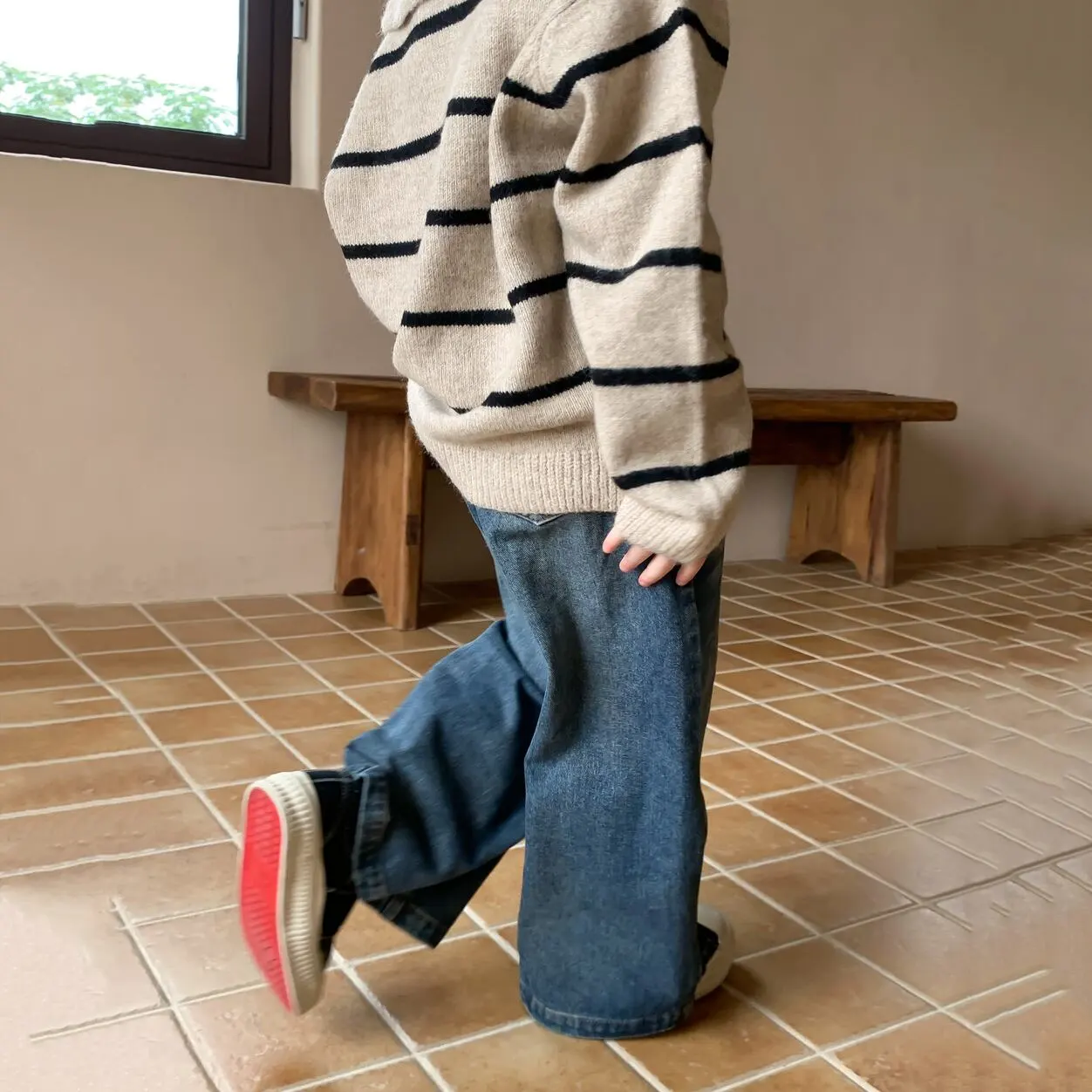 【90-150cm】春新作 レトロ カジュアル デニム ワイドパンツ