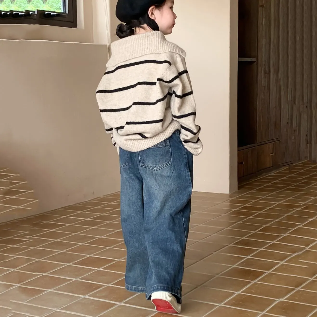 【90-150cm】春新作 レトロ カジュアル デニム ワイドパンツ