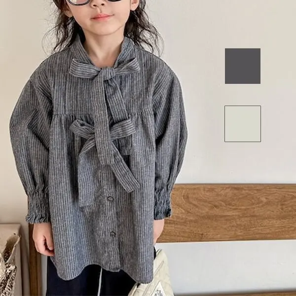 【80-130cm】春新作 リボン デザイン ルーズ シャツ