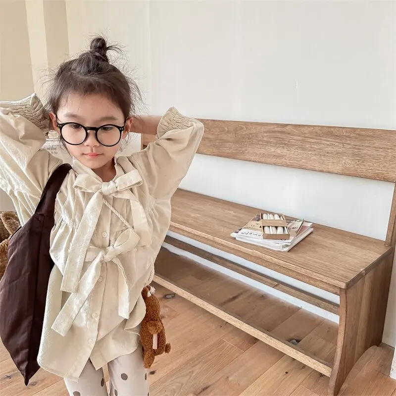 【80-130cm】春新作 リボン デザイン ルーズ シャツ