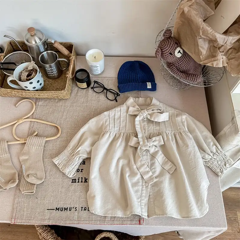 【80-130cm】春新作 リボン デザイン ルーズ シャツ