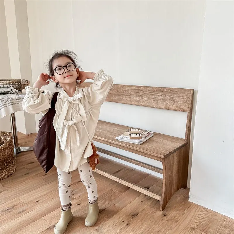 【80-130cm】春新作 リボン デザイン ルーズ シャツ