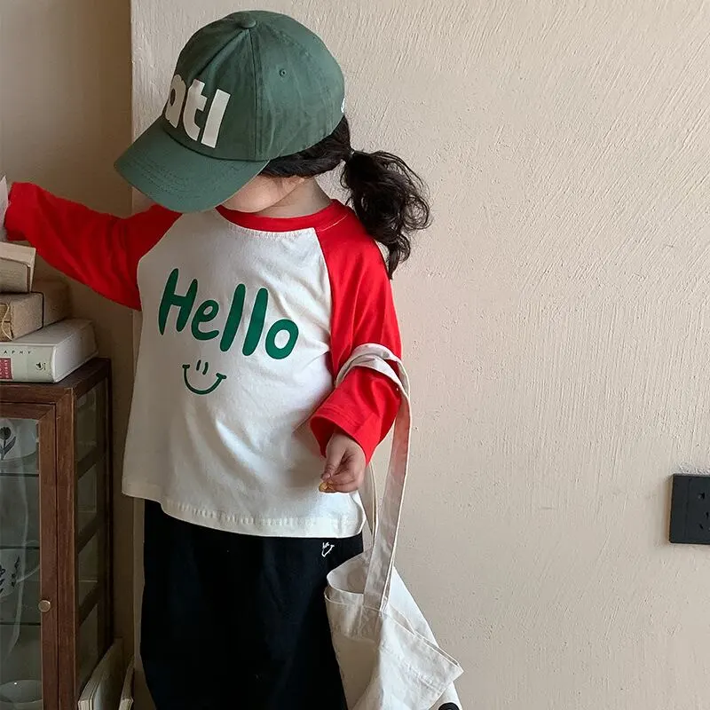 【80-140】春新作HELLOログラグランスリーブ長袖Ｔシャツ
