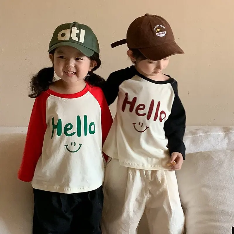 【80-140】春新作HELLOログラグランスリーブ長袖Ｔシャツ