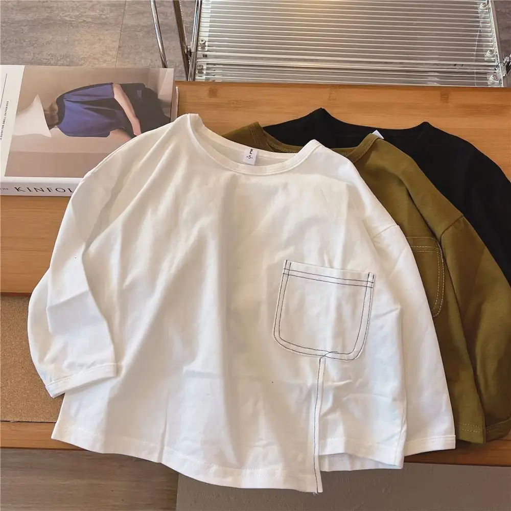 【90-130】春新作ステッチデザイン裾スリット長袖Ｔシャツ