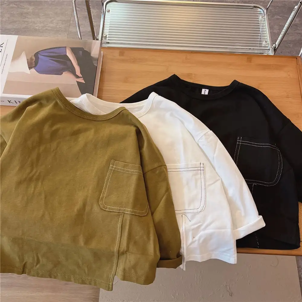 【90-130】春新作ステッチデザイン裾スリット長袖Ｔシャツ