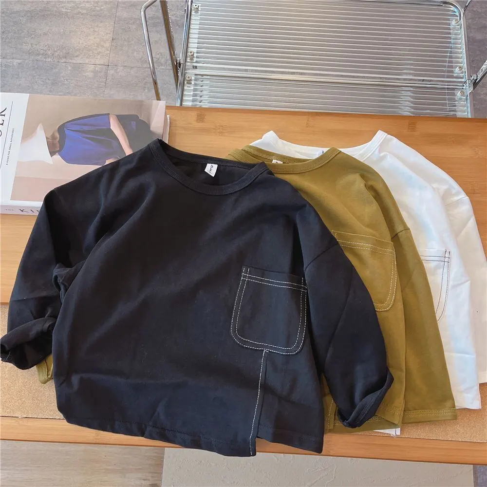 【90-130】春新作ステッチデザイン裾スリット長袖Ｔシャツ
