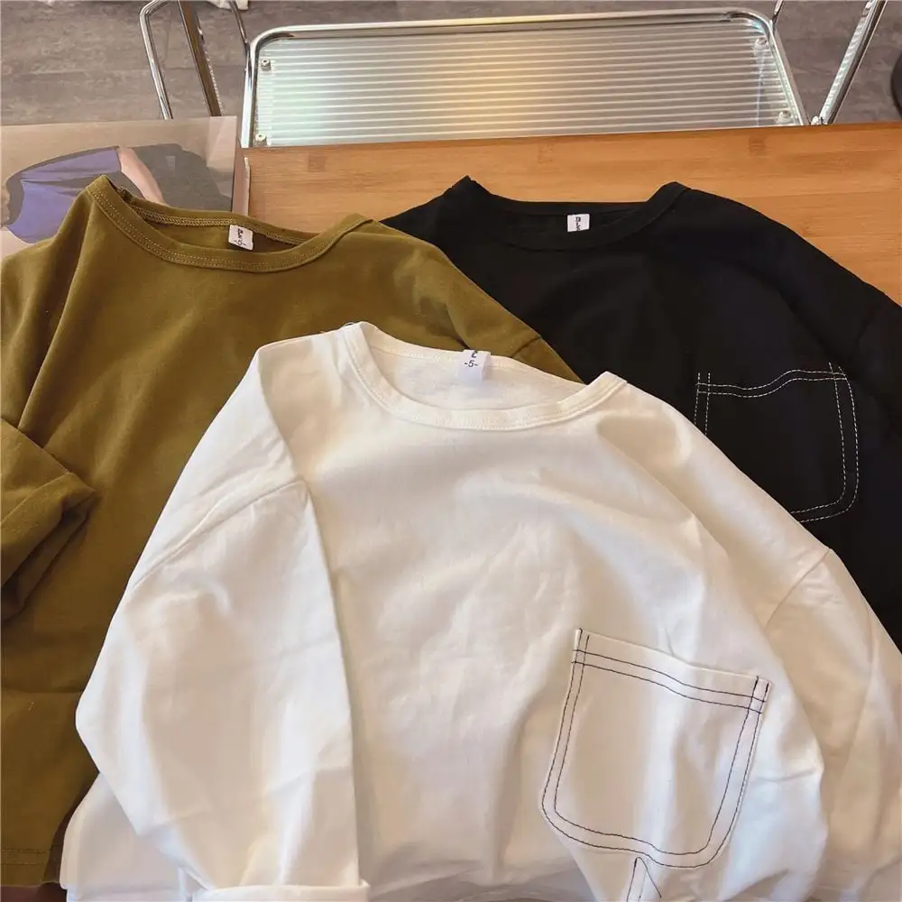 【90-130】春新作ステッチデザイン裾スリット長袖Ｔシャツ