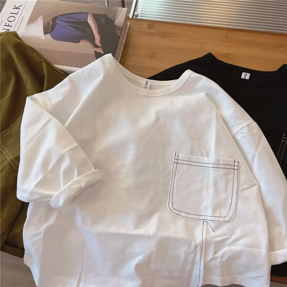 【90-130】春新作ステッチデザイン裾スリット長袖Ｔシャツ
