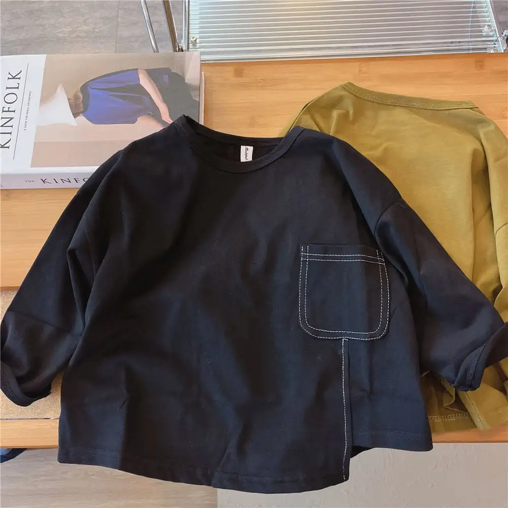 【90-130】春新作ステッチデザイン裾スリット長袖Ｔシャツ