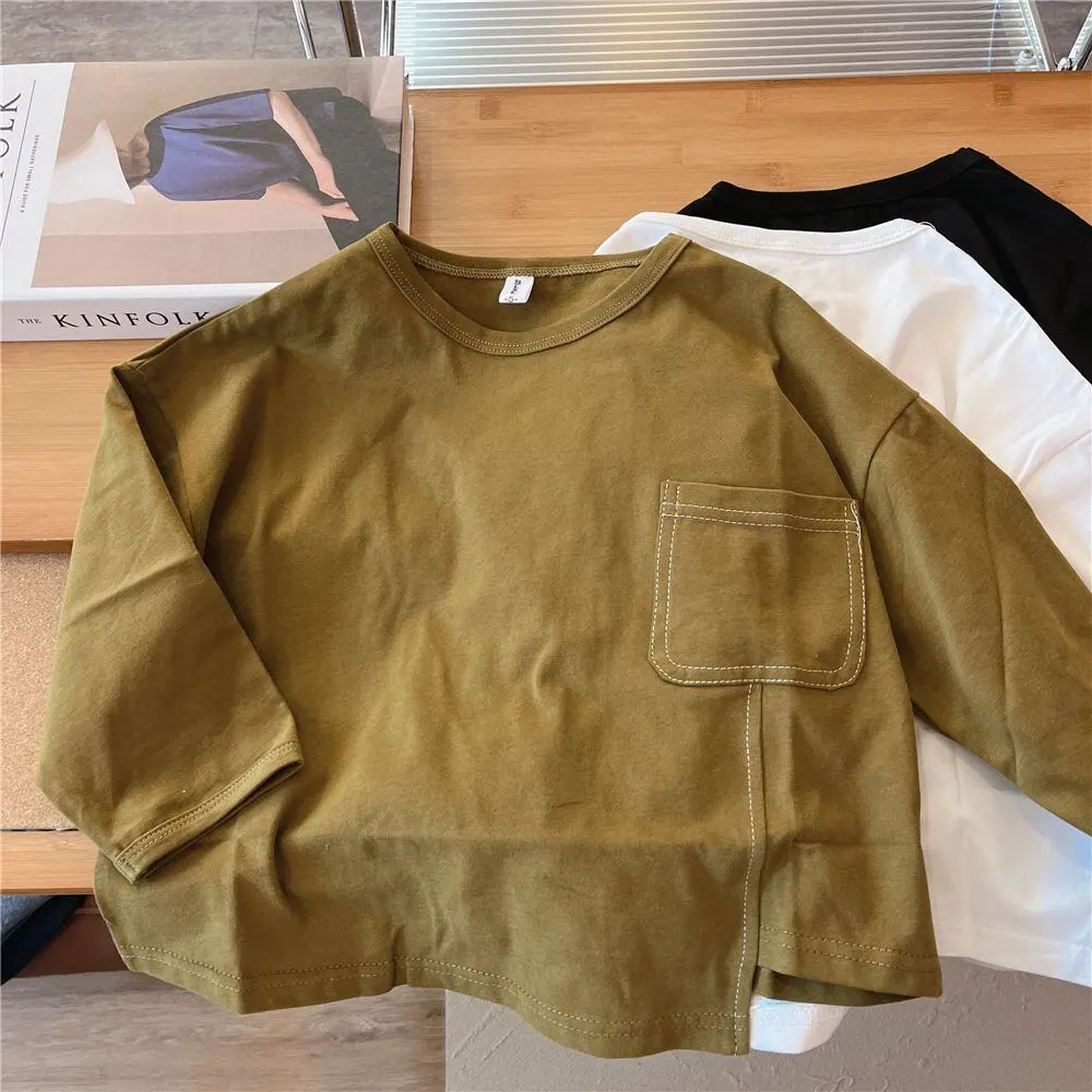 【90-130】春新作ステッチデザイン裾スリット長袖Ｔシャツ